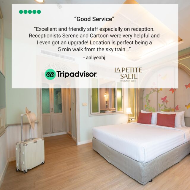 Thank you aaliyeahj for your review on Tripadvisor!

We are thrilled to read your comments, especially about our reservations team and will share with them your kind words!

For more information:
📱 Line: https://lin.ee/aPqEixN
🛍️ Line Shop: https://shop.line.me/@lapetitesalil
📞 Tel: 66 (0) 2 651 3830
📧 infosl3@lapetitesalil.com
🌐 https://www.lapetitesalil.com/sukhumvit11/

#LaPetiteSalilHotels #Bangkok #Nana #Tripadvisor