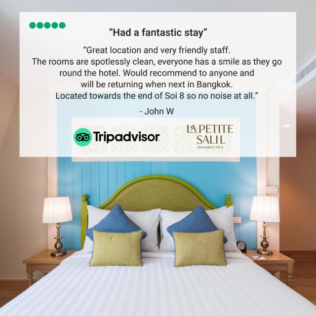 Thank you for sharing your review on Tripadvisor, John W!

We thank you for your comments and look forward to welcoming you again when you return to Bangkok!

For more information:
📱 Line: https://lin.ee/aPqEixN
🛍️ Line Shop: https://shop.line.me/@lapetitesalil
📞 Tel: 66 (0) 2 253 2474
📧 info@lapetitesalil.com
🌐 https://www.lapetitesalil.com/sukhumvit8/

#LaPetiteSalilHotels #Bangkok #Nana #Review #Tripadvisor