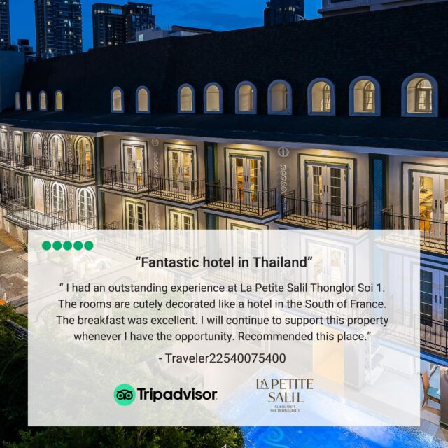 Many thanks to Traveler 22540075400 for sharing their review of our hotel in Thonglor on Tripadvisor!

We are glade you had an outstanding experience and look forward to welcoming you again!

For more information:
📱 Line: https://lin.ee/aPqEixN
🛍️ Line Shop: https://shop.line.me/@lapetitesalil
📞 Tel: 66 (0) 2 662 5480
📧 infosl2@lapetitesalil.com
🌐 https://www.lapetitesalil.com/sukhumvitthonglor1/

#LaPetiteSalilHotels #Bangkok #Thonglor #Review #Tripadvisor