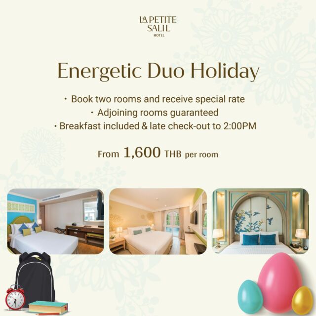 Bring up a tailored holiday at La Petite Salil Hotels with our 𝐄𝐧𝐞𝐫𝐠𝐞𝐭𝐢𝐜 𝐃𝐮𝐨 𝐇𝐨𝐥𝐢𝐝𝐚𝐲 promotion. ✌️

Enjoy a special rate when booking 2 rooms, featuring guaranteed adjoining rooms, daily breakfast, and a leisurely late check-out until 14:00 PM.

Booking period: Until 20 March 2024
Stay period: 15 March to 10 April 2024

🔸 La Petite Salil Sukhumvit Soi Thonglor 1 
- starts from 1,800 THB per room

🔸 La Petite Salil Sukhumvit Soi 11 
- starts from 1,700 THB per room

🔸 La Petite Salil Sukhumvit Soi 8 
- starts from 1,600 THB per room

Choose your preferred atmosphere - urban at La Petite Salil Sukhumvit Soi Thonglor 1, spirited at La Petite Salil Sukhumvit Soi 11, or secluded at La Petite Salil Sukhumvit Soi 8, the options are customizable to suit your desires.

Terms & Conditions:
 - Flexible cancellation policy : no charge for bookings if cancelled at least three days before check-in date (if within three days one-night’s room charge applies).

For more information:
📱 Line: https://lin.ee/aPqEixN
📞 Tel: 66 (0) 02 114 3536
📧 info@lapetitesalil.com
www.lapetitesalil.com

#LaPetiteSalilHotels #Bangkok #Thonglor #Nana