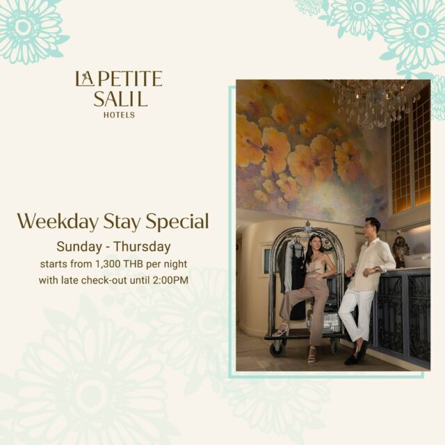 Your weekdays will never be boring when you stay with us at La Petite Salil Hotels. 🏙️

Enjoy the special rate any day from Sunday to Thursday, starting from THB 1,300 per night with the additional benefit of late check-out until 2.00 p.m.

Filter your desires and choose your ideal option:
• La Petite Salil Sukhumvit Soi 11: Arouse your lively and energetic sense https://bit.ly/weekdaysoi11
•La Petite Salil Sukhumvit Soi 8: Transition from swiftness to stillness https://bit.ly/weekdaysoi8

Booking period:  10 April - 31 October 2024
Stay period: Until 31 October 2024

Terms & Conditions:
- The initial rate covers the room only. An optional rate that includes breakfast is available. 
- Rates apply on weekdays only (Sunday to Thursday).
- Flexible cancellation policy: no charge for bookings if cancelled at least three days before check-in date (if within three days one-night’s room charge applies while no-shows incur 100% charge).

For more information:
📱 Line: https://lin.ee/aPqEixN
📞 Tel: 66 (0) 02 114 3536
📧 info@lapetitesalil.com
www.lapetitesalil.com

#LaPetiteSalilHotels #Bangkok #Nana