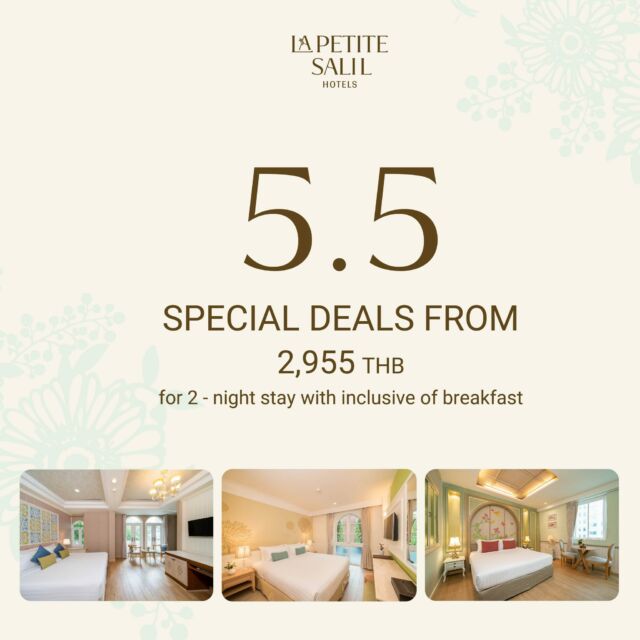 Don't miss out on an ideal stay experience in Bangkok whether you're feeling cozy, pumped up, or chic.

Dive into our diverse range of stay environments with dazzling offers starting at just 2,955 THB
• La Petite Salil Sukhumvit Soi Thonglor 1 : feel the pulse of urban energy
• La Petite Salil Sukhumvit Soi 11 : liberate your spirits into vibrant atmosphere 
• La Petite Salil Sukhumvit  Soi 8 : experience a secluded oasis, a sensation of tranquility 

And as a cherry on top, enjoy the laid-back of a late check-out until 2:00 PM.

The offer lasts during limited period from 1 - 7 May 2024 only: https://bit.ly/3UoO4ZQ

Booking period: 01 - 07  May 2024
Stay period: 01 May - 31 July 2024

Terms & Conditions apply:
- The initial rate above applies to bookings for a 2-night stay only.
- All rates are included daily breakfast
- Flexible cancellation policy: no charge for bookings if cancelled at least three days before check-in date (if within three days one-night’s room charge applies while no-shows incur 100% charge).

For more information:
📱 Line: https://lin.ee/aPqEixN
📞 Tel: 66 (0) 02 114 3536
📧 info@lapetitesalil.com
www.lapetitesalil.com

#LaPetiteSalilHotels #Bangkok #Thonglor #Nana