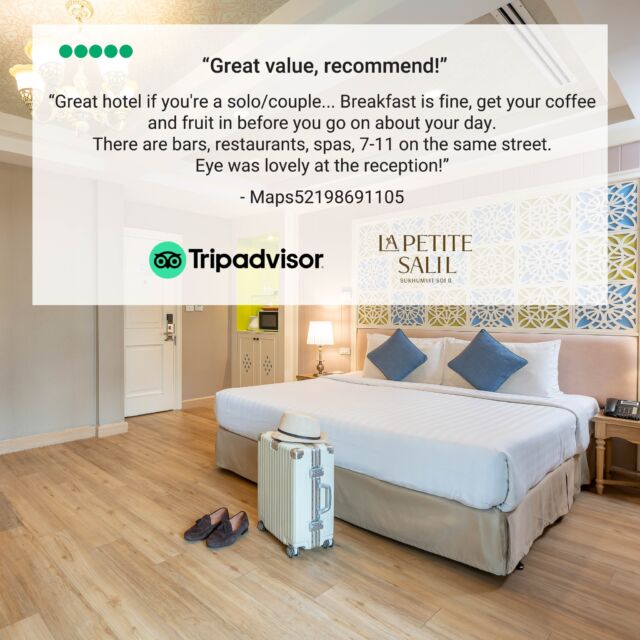 Thank you for sharing your review on @tripadvisor, Maps52198691105!

We thank you for your comments and will share to Eye and our team - we hope you enjoyed exploring Bangkok!

👉 Book now and discover Nana: https://bit.ly/3oRjEDo

For more information:
📱 Line: https://lin.ee/aPqEixN
🛍️ Line Shop: https://shop.line.me/@lapetitesalil
📞 Tel: 66 (0) 2 253 2474
📧 info@lapetitesalil.com
🌐 https://www.lapetitesalil.com/sukhumvit8/

#LaPetiteSalilHotels #Bangkok #Nana #Review #Tripadvisor