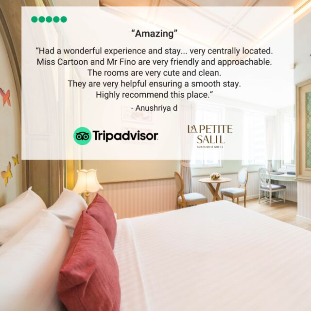 Thank you Anushiriya d for your review on Tripadvisor!

We are thrilled to read your comments, especially about our team and will share with them your kind words. Thank you for your recommendation!

For more information:
📱 Line: https://lin.ee/aPqEixN
🛍️ Line Shop: https://shop.line.me/@lapetitesalil
📞 Tel: 66 (0) 2 651 3830
📧 infosl3@lapetitesalil.com
🌐 https://www.lapetitesalil.com/sukhumvit11/

#LaPetiteSalilHotels #Bangkok #Nana #Tripadvisor